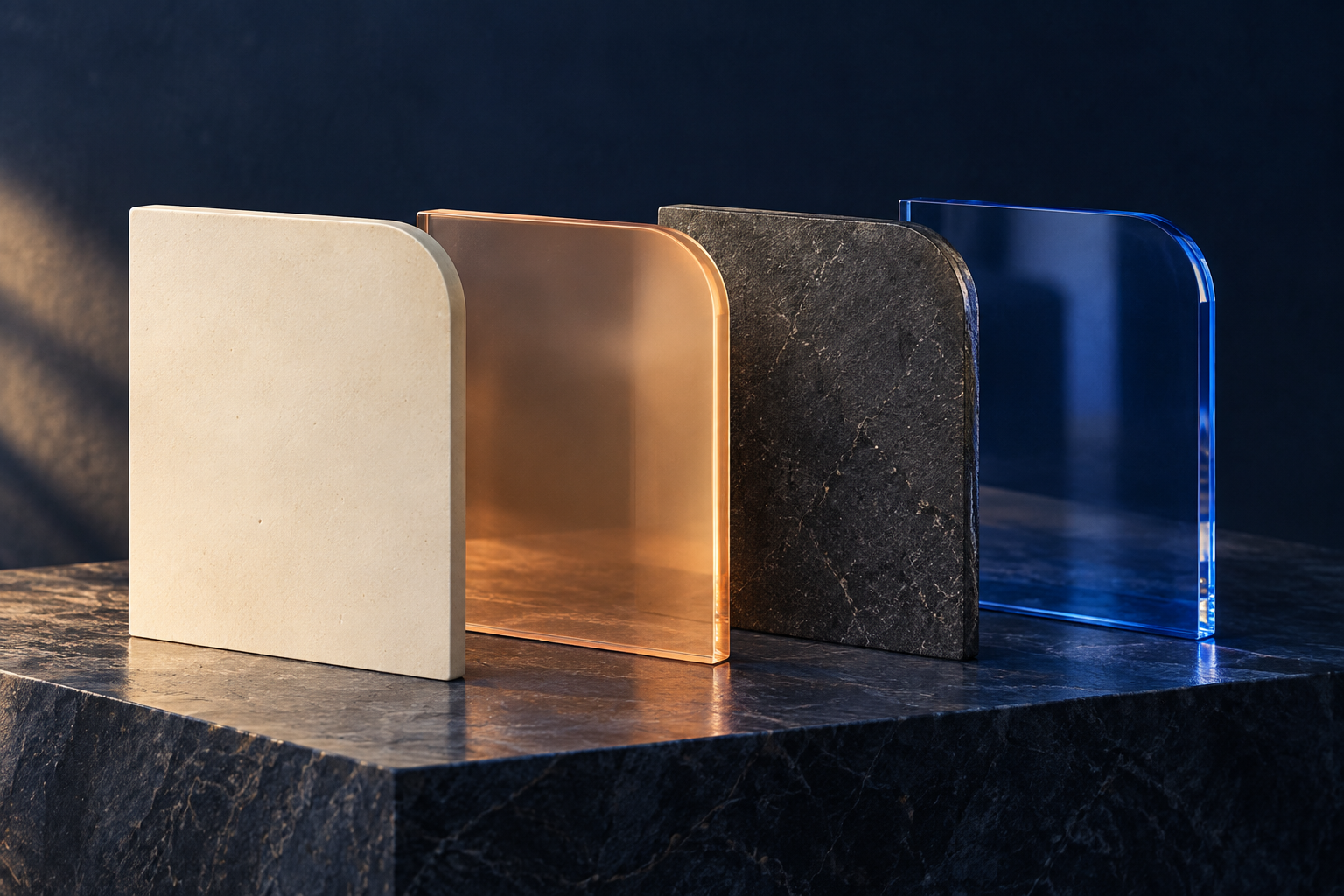 Illustration: dieselbe Form in Keramik, Amber, Stein und blauem Glas.